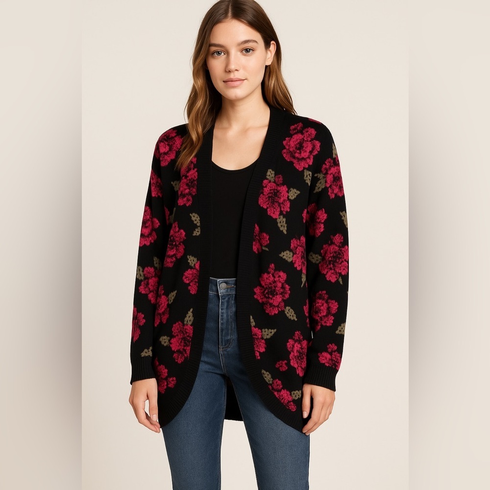 Volcom Floral Open Front Cardigan – Black/Pink Roses – Size M/L (12–14)